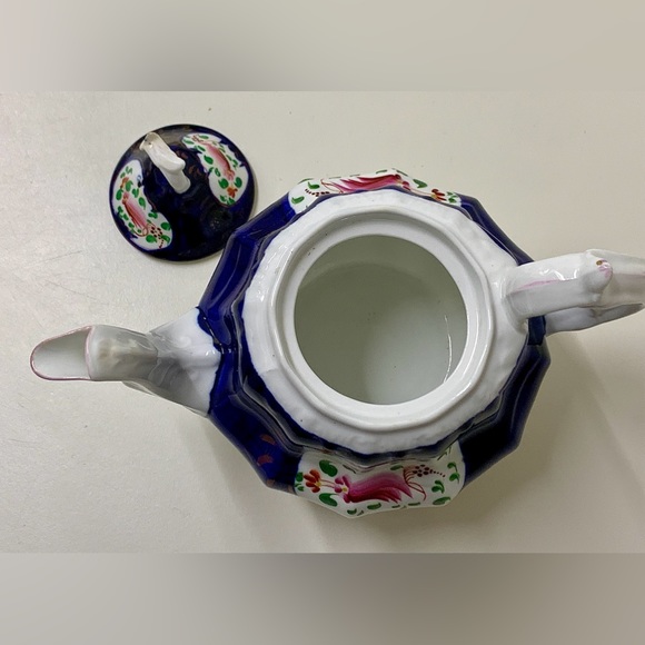 19th Century Antique Gaudy Welsh Feather Pattern Ring Finial Lidded Teapot - Picture 9 of 16